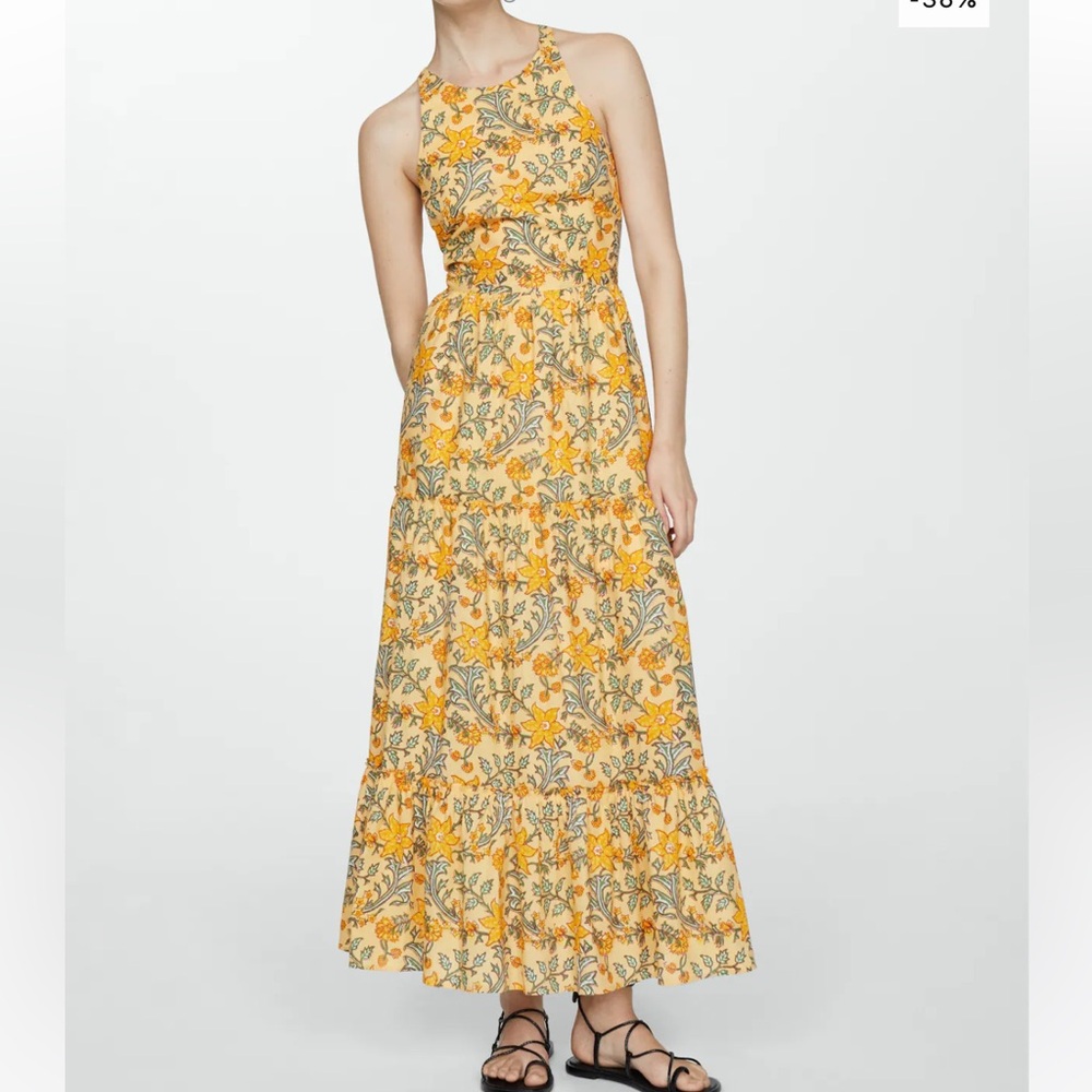 Mango yellow printed bow dress, size medium